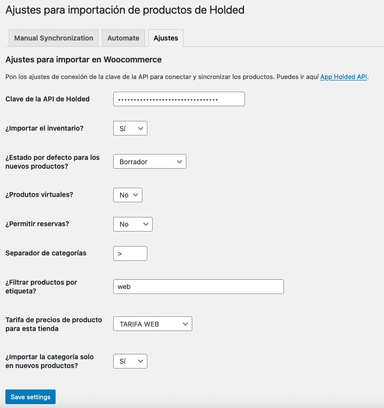 Sincronizar Holded Ajustes