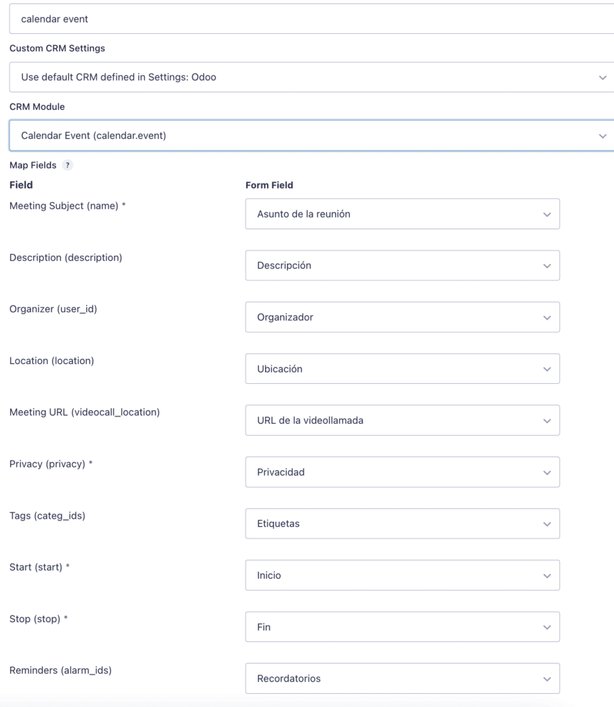 Campos personalizados nuevo evento de caledario odoo